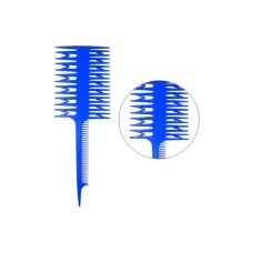 Парикмахерский гребень-расческа для мелирования 3-х сторонняя с ручкой M-7005 пластиковая  синяя